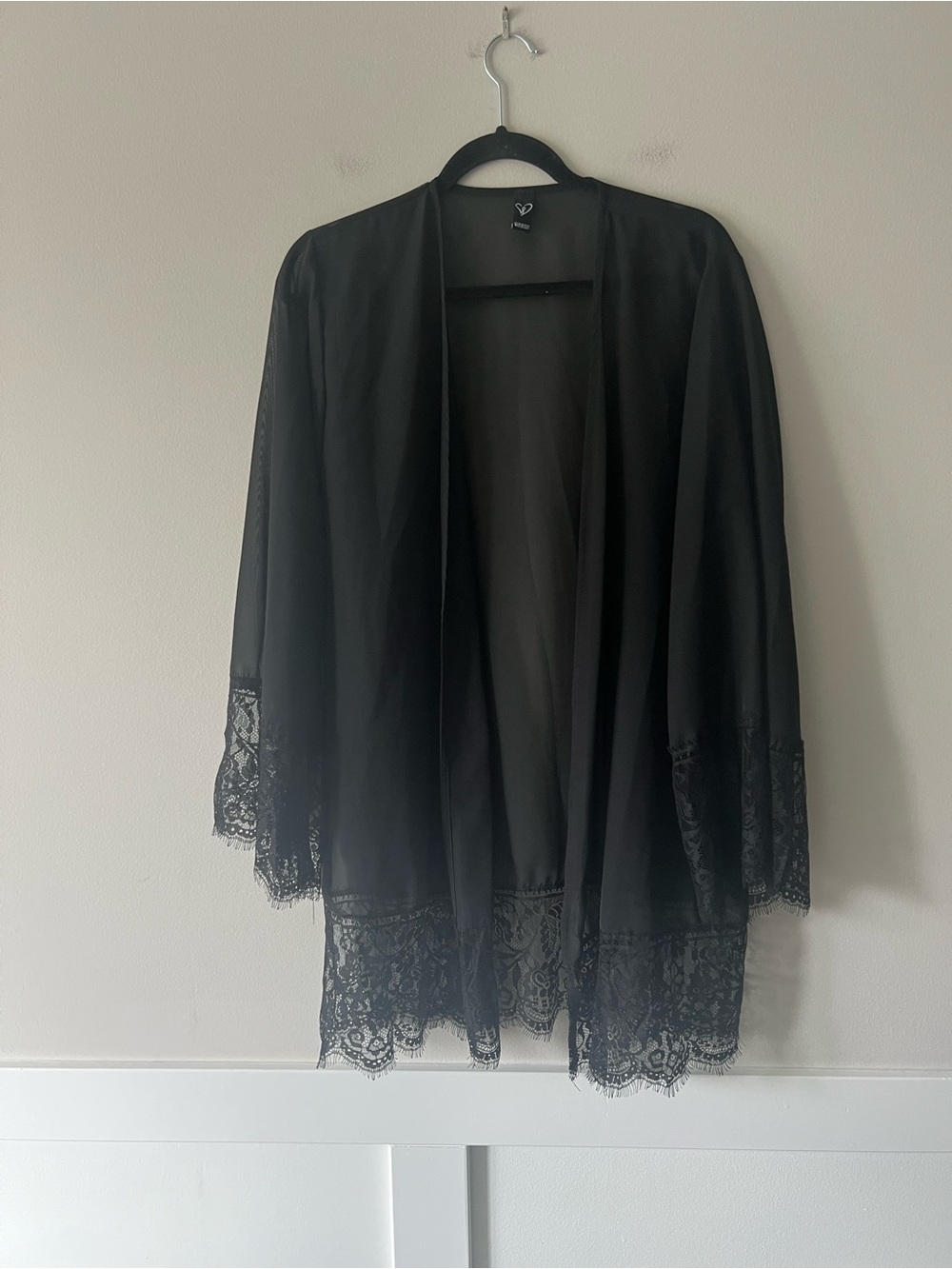 Windsor Black Sheer Lace Trim Open Front Kimono Robe Cardigan